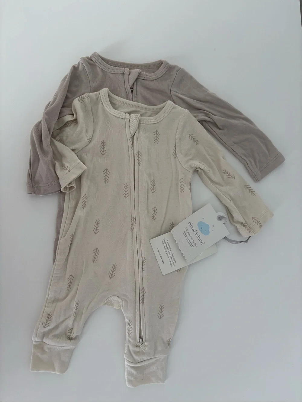 cloud island Neutral 2-Pack Footed Zipper Pajamas - Cream & Taupe newborns